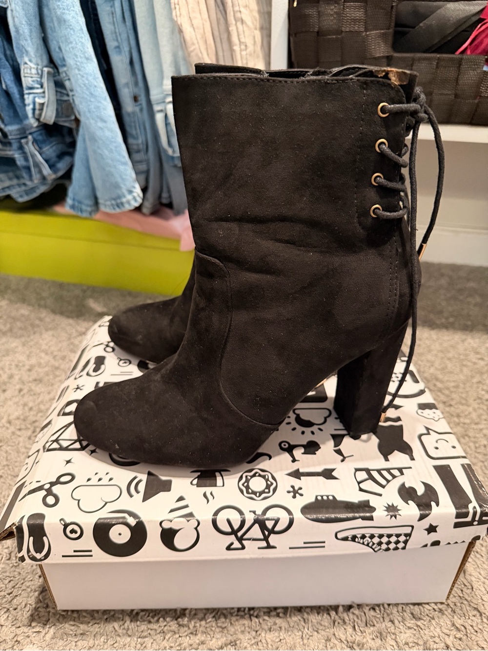 Black Suede Lace-Back Block Heel Ankle Boots